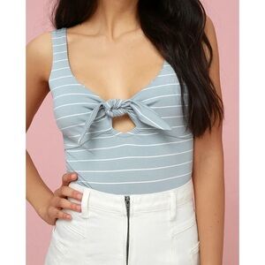 Lulus White and Light Blue Striped Tie-Front Bodysuit